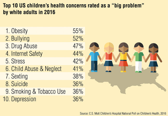 Top 10 US children's health concerns rated as a "big problem" by white adults in 2016