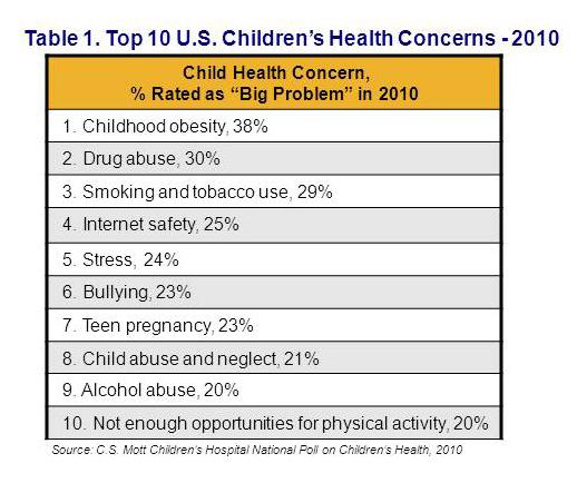 Top 10 U.S. children's health concerns - 2010