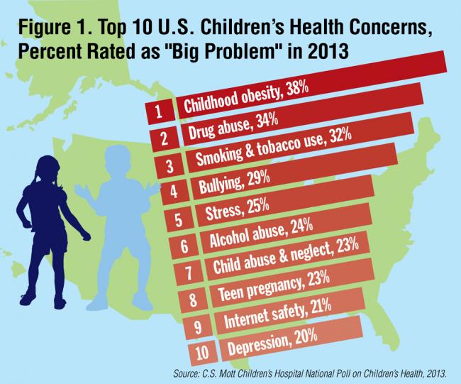 Top 10 U.S. Children's Health Concerns, Percent Rated as "Big Problem" in 2013